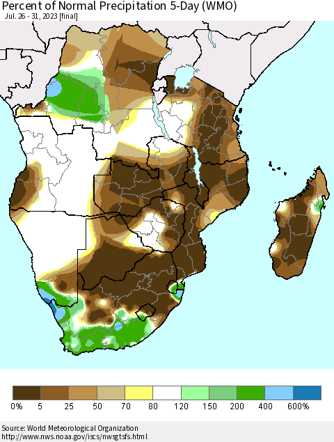 Southern Africa Percent of Normal Precipitation 5-Day (WMO) Thematic Map For 7/26/2023 - 7/31/2023