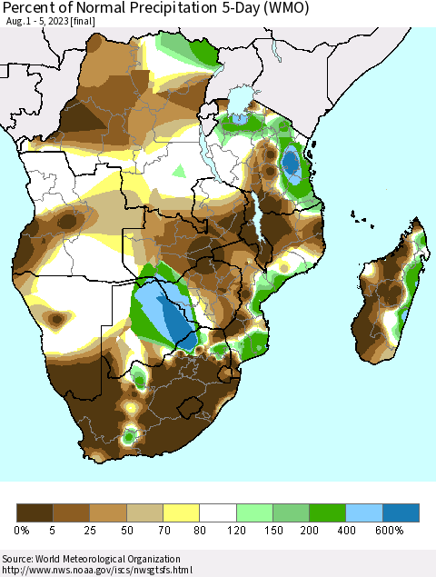 Southern Africa Percent of Normal Precipitation 5-Day (WMO) Thematic Map For 8/1/2023 - 8/5/2023