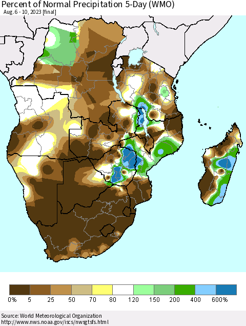 Southern Africa Percent of Normal Precipitation 5-Day (WMO) Thematic Map For 8/6/2023 - 8/10/2023