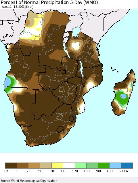 Southern Africa Percent of Normal Precipitation 5-Day (WMO) Thematic Map For 8/11/2023 - 8/15/2023