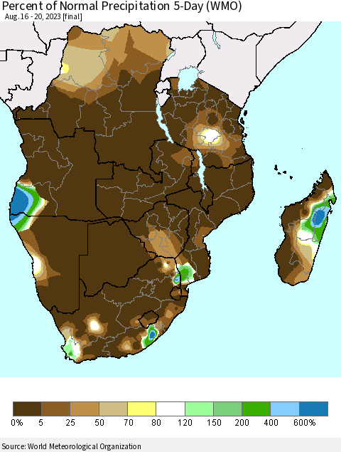 Southern Africa Percent of Normal Precipitation 5-Day (WMO) Thematic Map For 8/16/2023 - 8/20/2023