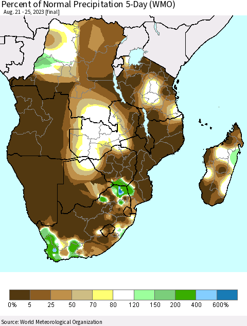 Southern Africa Percent of Normal Precipitation 5-Day (WMO) Thematic Map For 8/21/2023 - 8/25/2023