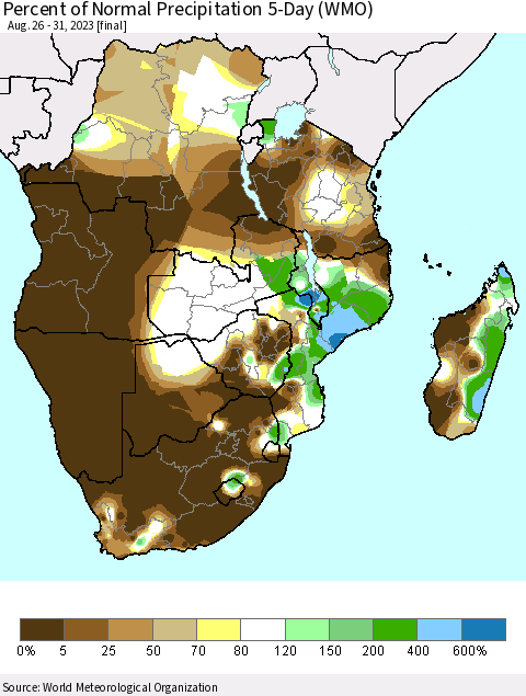 Southern Africa Percent of Normal Precipitation 5-Day (WMO) Thematic Map For 8/26/2023 - 8/31/2023