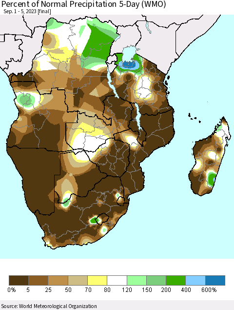 Southern Africa Percent of Normal Precipitation 5-Day (WMO) Thematic Map For 9/1/2023 - 9/5/2023