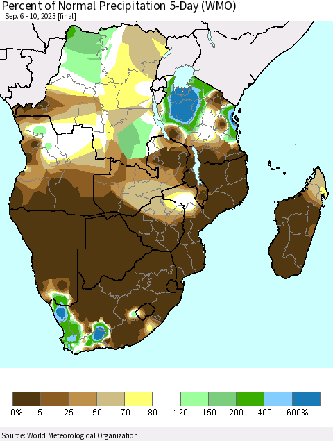 Southern Africa Percent of Normal Precipitation 5-Day (WMO) Thematic Map For 9/6/2023 - 9/10/2023