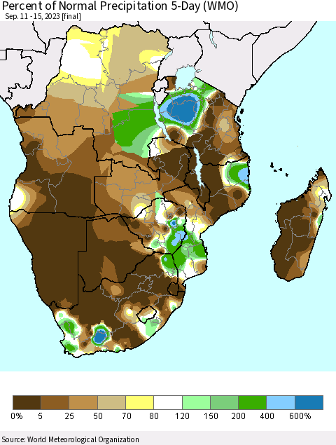 Southern Africa Percent of Normal Precipitation 5-Day (WMO) Thematic Map For 9/11/2023 - 9/15/2023