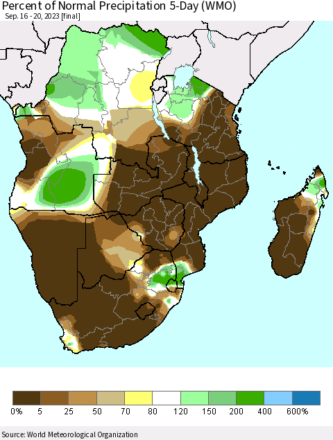 Southern Africa Percent of Normal Precipitation 5-Day (WMO) Thematic Map For 9/16/2023 - 9/20/2023
