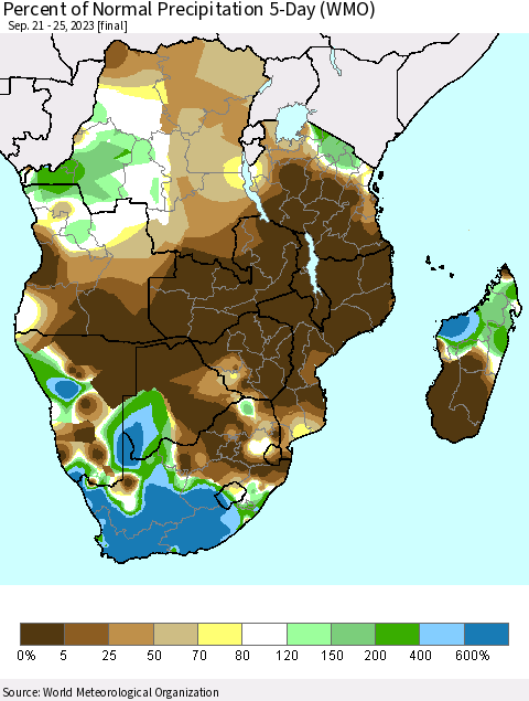 Southern Africa Percent of Normal Precipitation 5-Day (WMO) Thematic Map For 9/21/2023 - 9/25/2023