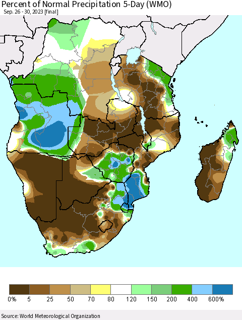 Southern Africa Percent of Normal Precipitation 5-Day (WMO) Thematic Map For 9/26/2023 - 9/30/2023