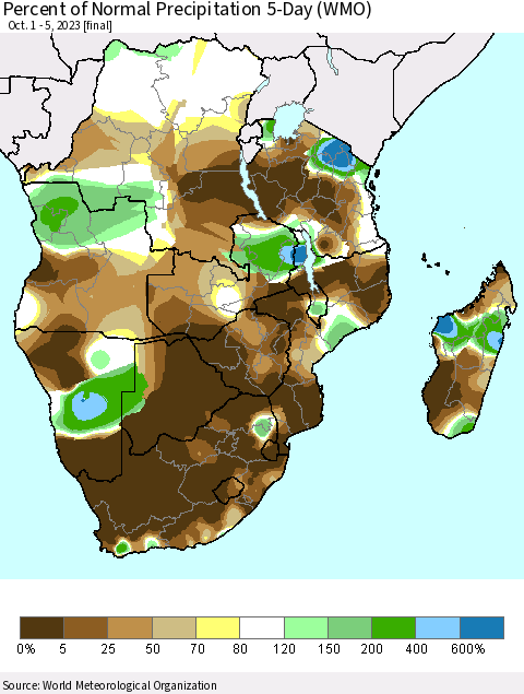 Southern Africa Percent of Normal Precipitation 5-Day (WMO) Thematic Map For 10/1/2023 - 10/5/2023