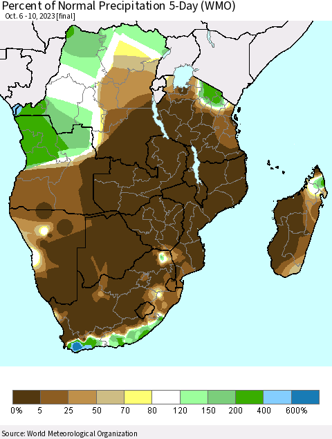 Southern Africa Percent of Normal Precipitation 5-Day (WMO) Thematic Map For 10/6/2023 - 10/10/2023