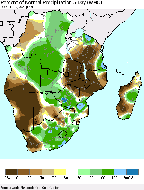 Southern Africa Percent of Normal Precipitation 5-Day (WMO) Thematic Map For 10/11/2023 - 10/15/2023