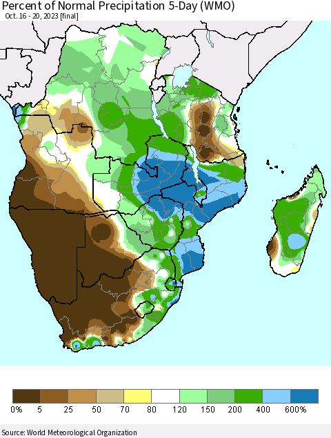 Southern Africa Percent of Normal Precipitation 5-Day (WMO) Thematic Map For 10/16/2023 - 10/20/2023