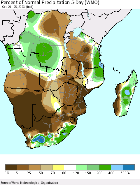 Southern Africa Percent of Normal Precipitation 5-Day (WMO) Thematic Map For 10/21/2023 - 10/25/2023