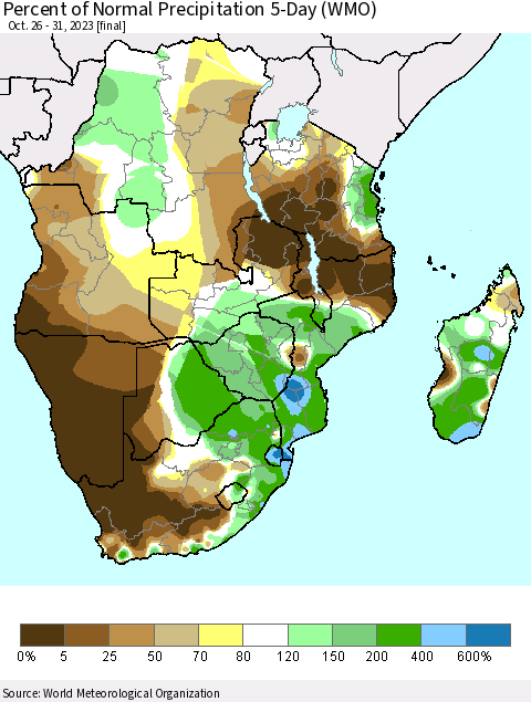 Southern Africa Percent of Normal Precipitation 5-Day (WMO) Thematic Map For 10/26/2023 - 10/31/2023