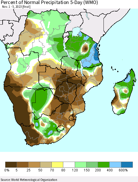Southern Africa Percent of Normal Precipitation 5-Day (WMO) Thematic Map For 11/1/2023 - 11/5/2023