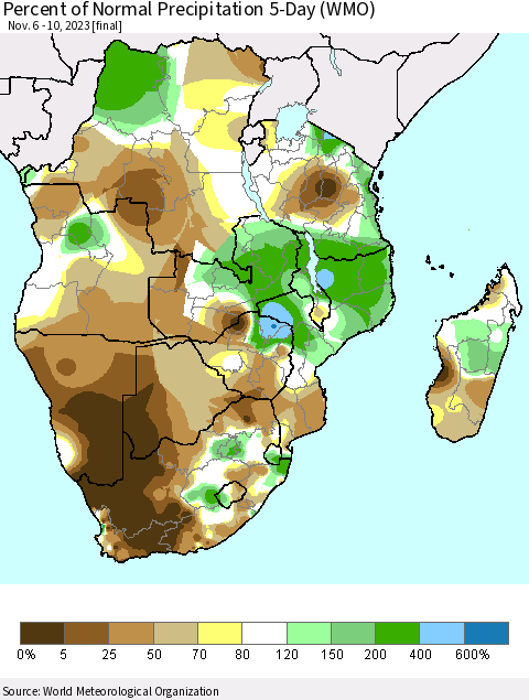 Southern Africa Percent of Normal Precipitation 5-Day (WMO) Thematic Map For 11/6/2023 - 11/10/2023