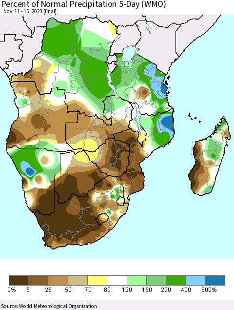 Southern Africa Percent of Normal Precipitation 5-Day (WMO) Thematic Map For 11/11/2023 - 11/15/2023