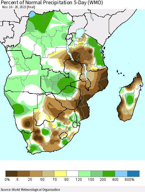 Southern Africa Percent of Normal Precipitation 5-Day (WMO) Thematic Map For 11/16/2023 - 11/20/2023