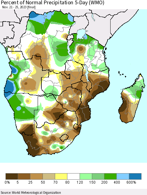 Southern Africa Percent of Normal Precipitation 5-Day (WMO) Thematic Map For 11/21/2023 - 11/25/2023