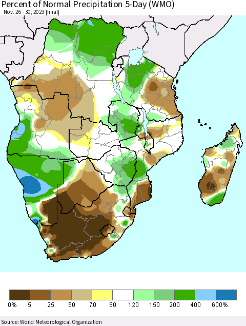 Southern Africa Percent of Normal Precipitation 5-Day (WMO) Thematic Map For 11/26/2023 - 11/30/2023