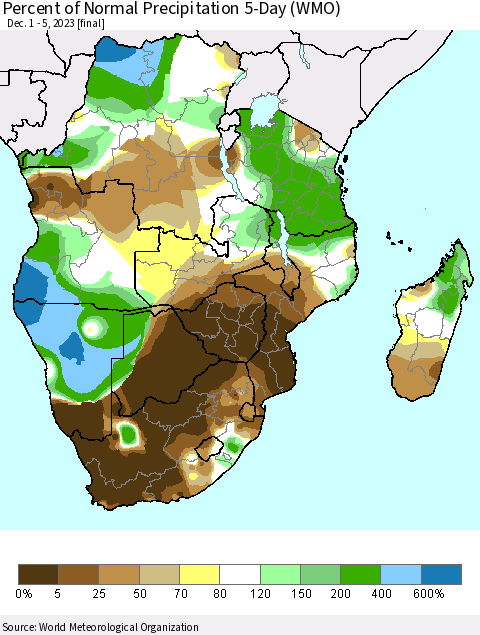 Southern Africa Percent of Normal Precipitation 5-Day (WMO) Thematic Map For 12/1/2023 - 12/5/2023