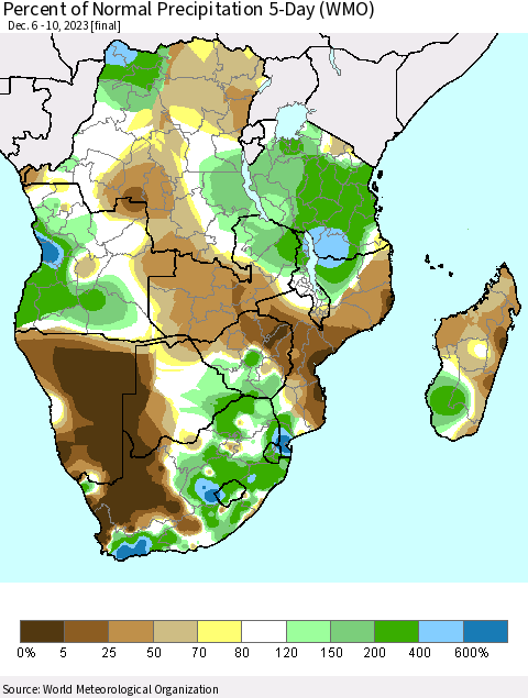Southern Africa Percent of Normal Precipitation 5-Day (WMO) Thematic Map For 12/6/2023 - 12/10/2023