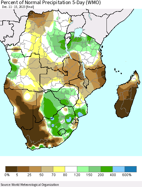 Southern Africa Percent of Normal Precipitation 5-Day (WMO) Thematic Map For 12/11/2023 - 12/15/2023