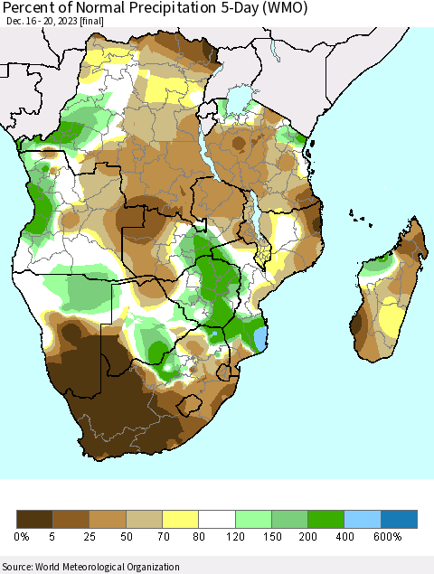 Southern Africa Percent of Normal Precipitation 5-Day (WMO) Thematic Map For 12/16/2023 - 12/20/2023