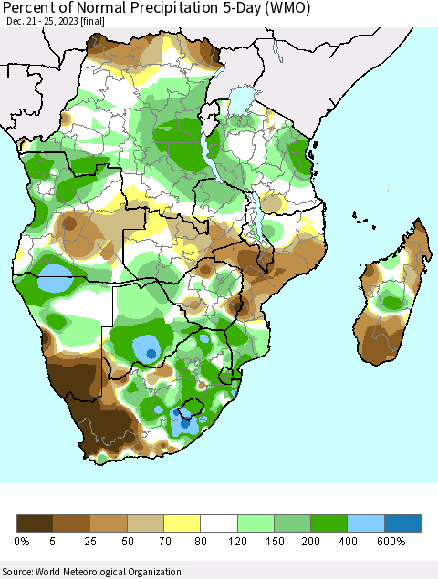 Southern Africa Percent of Normal Precipitation 5-Day (WMO) Thematic Map For 12/21/2023 - 12/25/2023
