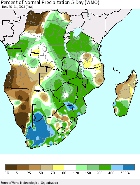 Southern Africa Percent of Normal Precipitation 5-Day (WMO) Thematic Map For 12/26/2023 - 12/31/2023