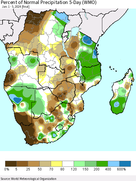 Southern Africa Percent of Normal Precipitation 5-Day (WMO) Thematic Map For 1/1/2024 - 1/5/2024