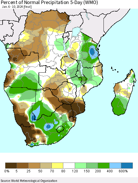 Southern Africa Percent of Normal Precipitation 5-Day (WMO) Thematic Map For 1/6/2024 - 1/10/2024