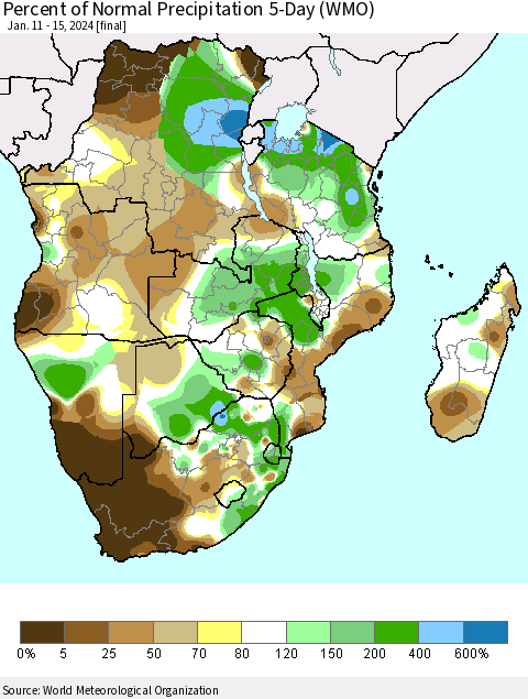Southern Africa Percent of Normal Precipitation 5-Day (WMO) Thematic Map For 1/11/2024 - 1/15/2024