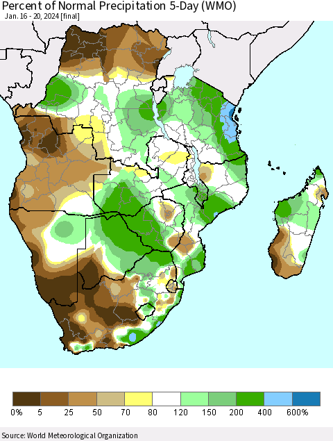 Southern Africa Percent of Normal Precipitation 5-Day (WMO) Thematic Map For 1/16/2024 - 1/20/2024