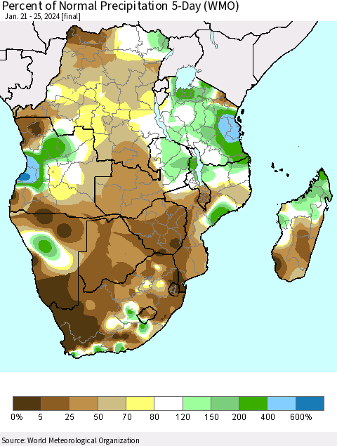 Southern Africa Percent of Normal Precipitation 5-Day (WMO) Thematic Map For 1/21/2024 - 1/25/2024