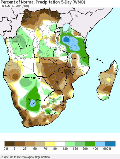 Southern Africa Percent of Normal Precipitation 5-Day (WMO) Thematic Map For 1/26/2024 - 1/31/2024