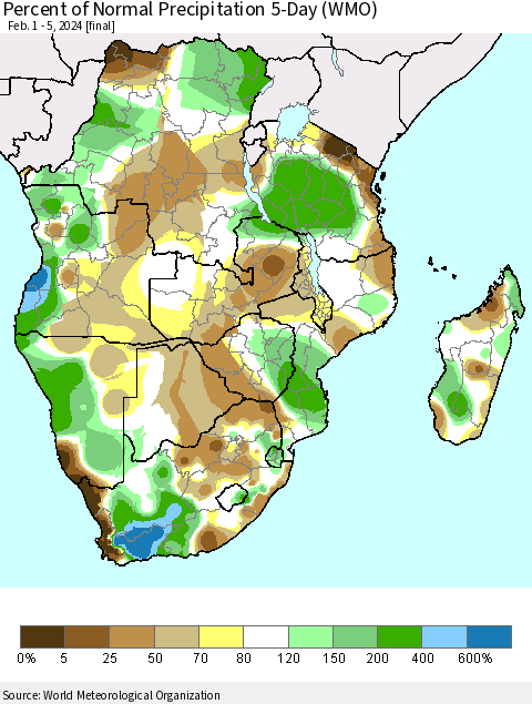Southern Africa Percent of Normal Precipitation 5-Day (WMO) Thematic Map For 2/1/2024 - 2/5/2024