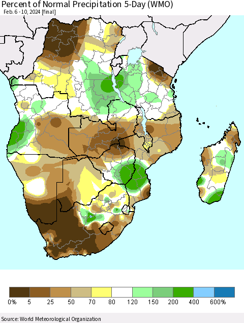 Southern Africa Percent of Normal Precipitation 5-Day (WMO) Thematic Map For 2/6/2024 - 2/10/2024