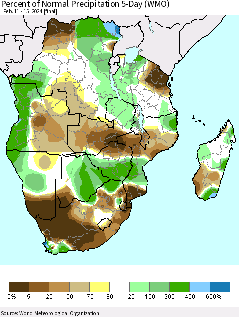 Southern Africa Percent of Normal Precipitation 5-Day (WMO) Thematic Map For 2/11/2024 - 2/15/2024