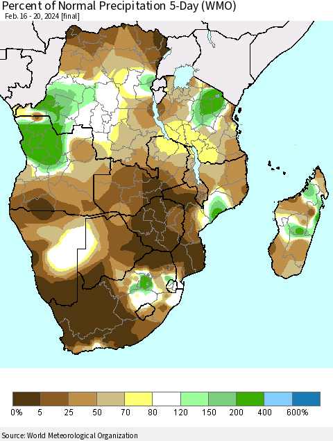 Southern Africa Percent of Normal Precipitation 5-Day (WMO) Thematic Map For 2/16/2024 - 2/20/2024
