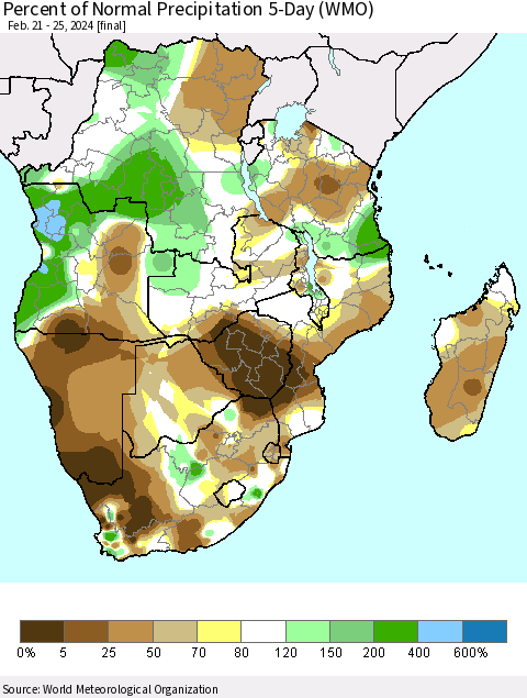 Southern Africa Percent of Normal Precipitation 5-Day (WMO) Thematic Map For 2/21/2024 - 2/25/2024
