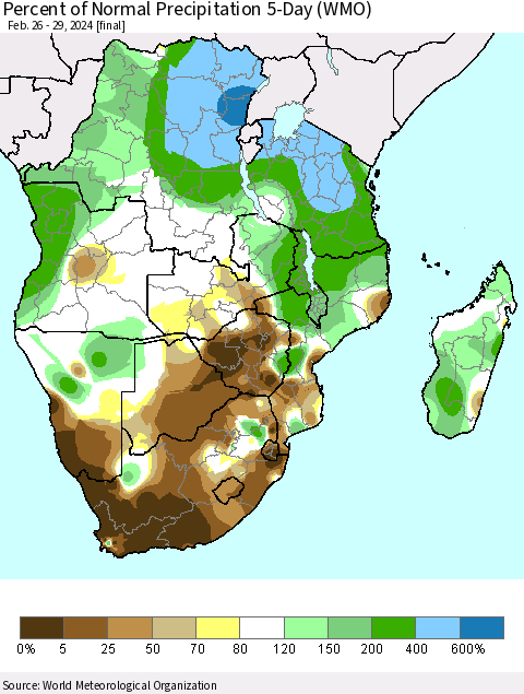 Southern Africa Percent of Normal Precipitation 5-Day (WMO) Thematic Map For 2/26/2024 - 2/29/2024