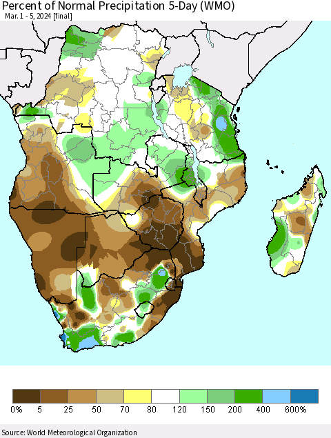Southern Africa Percent of Normal Precipitation 5-Day (WMO) Thematic Map For 3/1/2024 - 3/5/2024