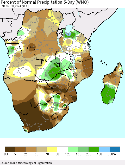 Southern Africa Percent of Normal Precipitation 5-Day (WMO) Thematic Map For 3/6/2024 - 3/10/2024
