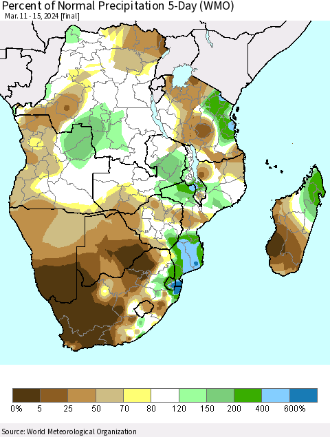 Southern Africa Percent of Normal Precipitation 5-Day (WMO) Thematic Map For 3/11/2024 - 3/15/2024