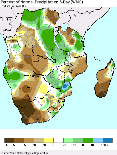 Southern Africa Percent of Normal Precipitation 5-Day (WMO) Thematic Map For 3/16/2024 - 3/20/2024