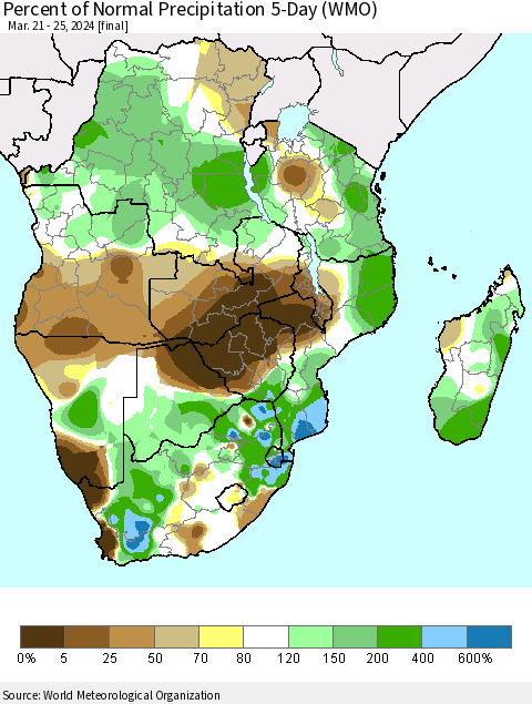 Southern Africa Percent of Normal Precipitation 5-Day (WMO) Thematic Map For 3/21/2024 - 3/25/2024