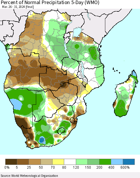 Southern Africa Percent of Normal Precipitation 5-Day (WMO) Thematic Map For 3/26/2024 - 3/31/2024