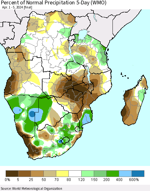 Southern Africa Percent of Normal Precipitation 5-Day (WMO) Thematic Map For 4/1/2024 - 4/5/2024